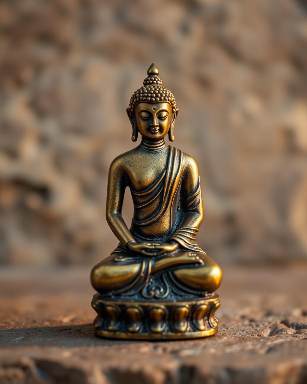 Small brass Buddha statue in meditation pose with antique patina