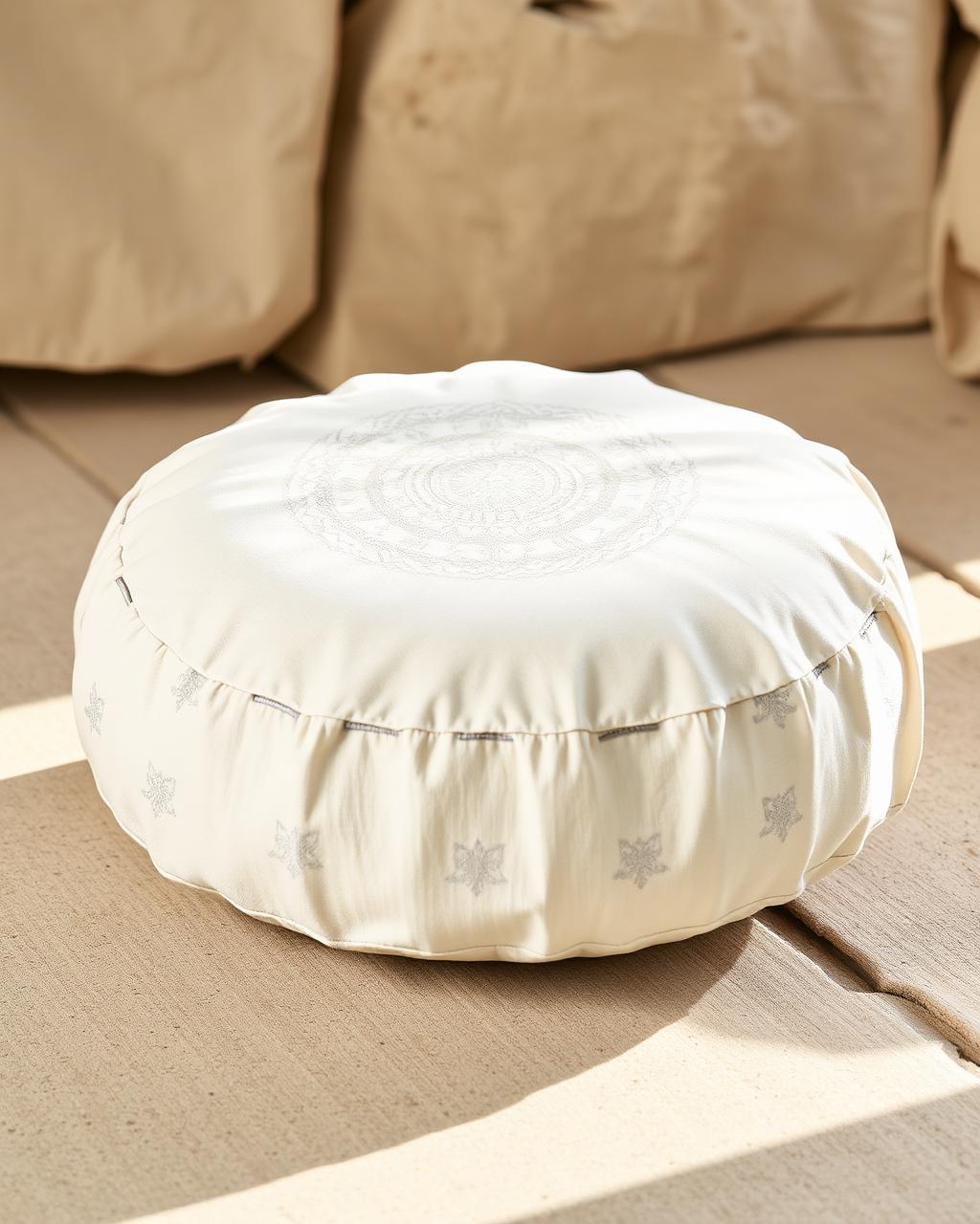 Round meditation cushion in undyed cotton with subtle Himalayan embroidery