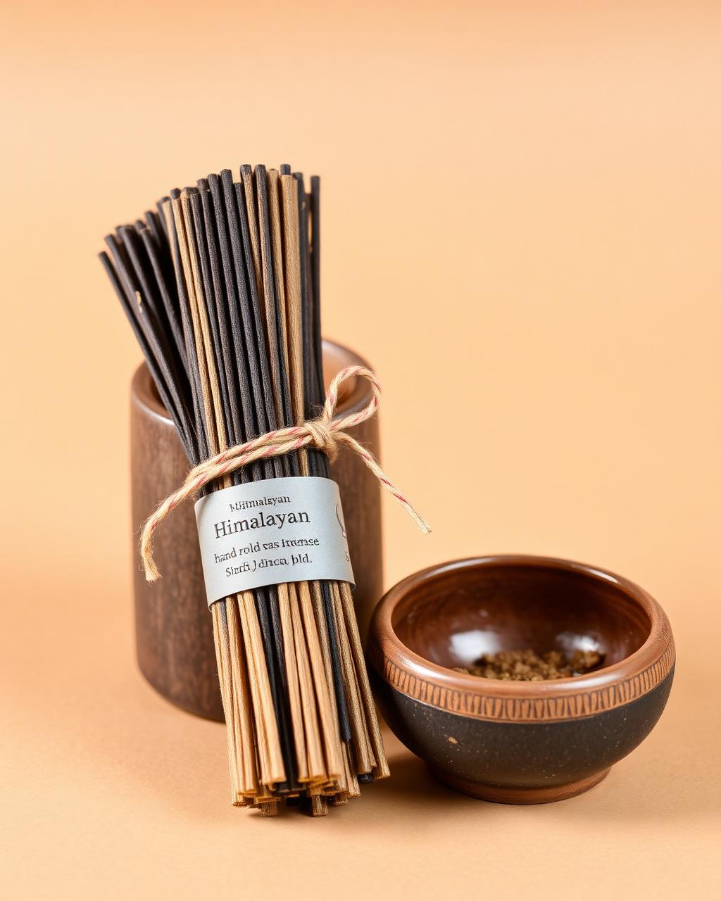 Bundle of Himalayan hand-rolled incense sticks with a small ceramic holder