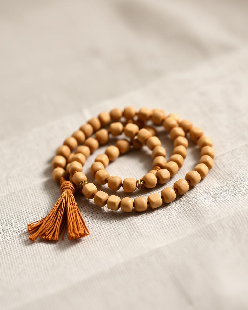 Coiled sandalwood mala prayer beads with an orange cotton tassel