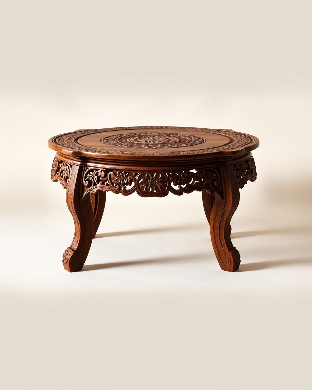 Low hand-carved wooden meditation table with Himalayan floral carvings