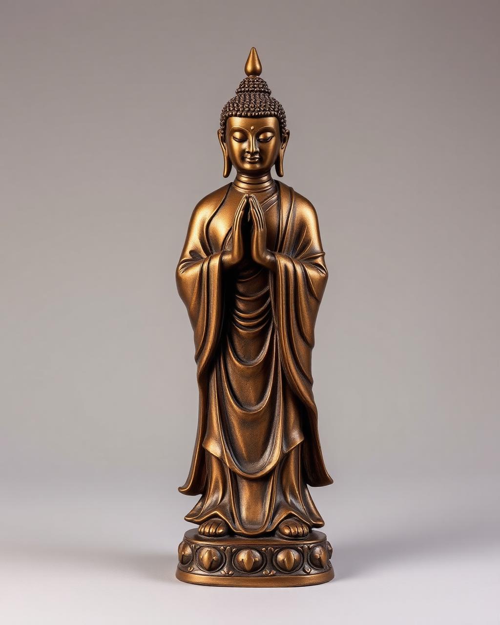 Standing Buddha statue in blessing pose with detailed copper finish