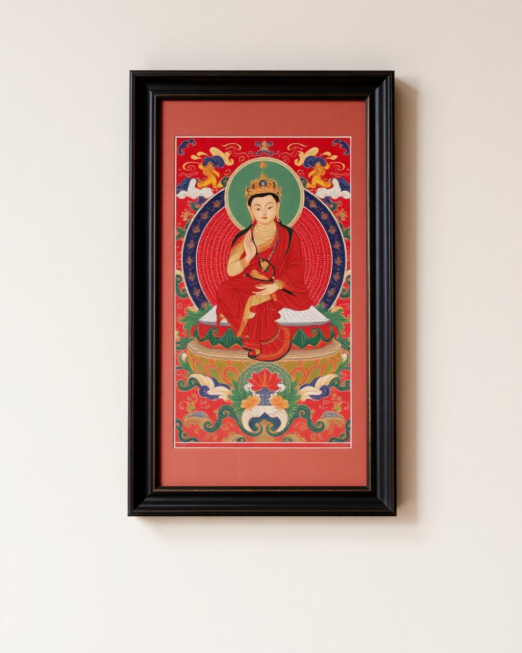Framed hand-painted Tibetan thangka in rich reds and golds